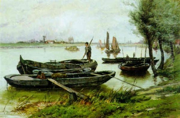 Boten Op De Schelde Oil Painting by Gerard Joseph Adrian van Luppen