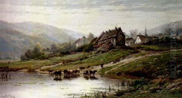 A Village In The Ardennes In Summer With Cattle Fording A Stream In The Foreground Oil Painting by Gerard Joseph Adrian van Luppen