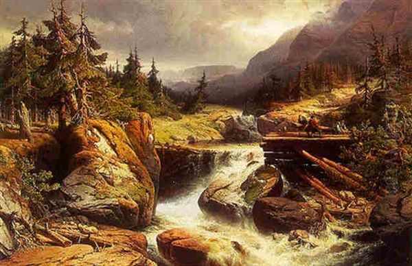 A Mountainous Landscape With Lumberjacks Near A Waterfall Oil Painting by Gerard Joseph Adrian van Luppen