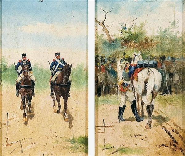 Soldados A Caballo (pair) Oil Painting by Joaquin Luque Rosello