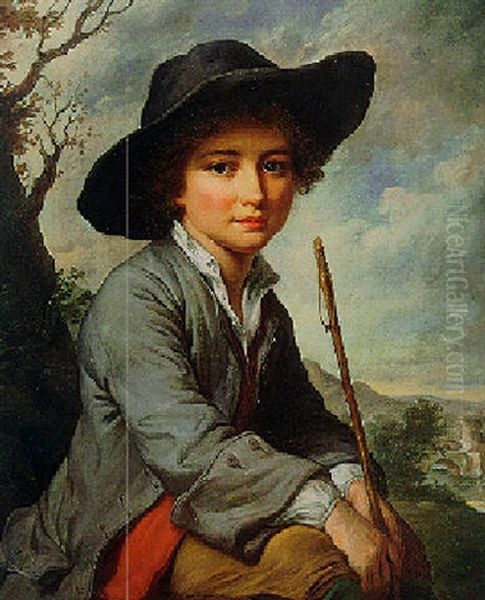 Portrait Of A Young Boy Seated In A Landscape Oil Painting by Catherine Lusurier