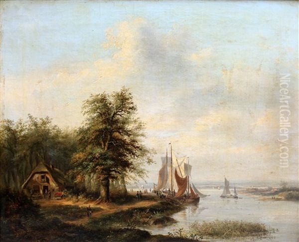 Zeilschepen Op Een Riviertje Oil Painting by Petrus Josephus Lutgers