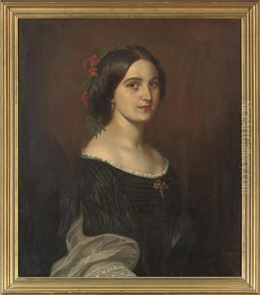 Portrait Of A Lady, Bust-length, In A Black Dress With Lace Trim, Red Flowers In Her Hair Oil Painting by Johann Baptiste Berdelle