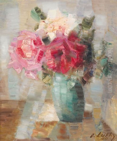 Stillleben Mit Blumenstrauss In Gruner Vase Oil Painting by Oscar Wilhelm Luethy