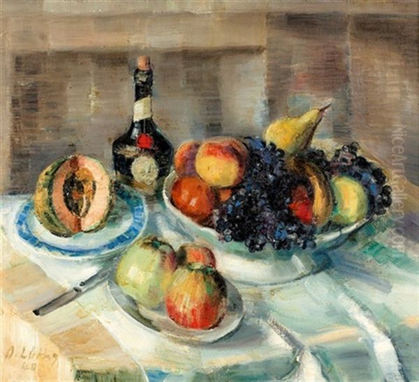 Stillleben Mit Fruchten Und Flasche Auf Einem Tisch Oil Painting by Oscar Wilhelm Luethy