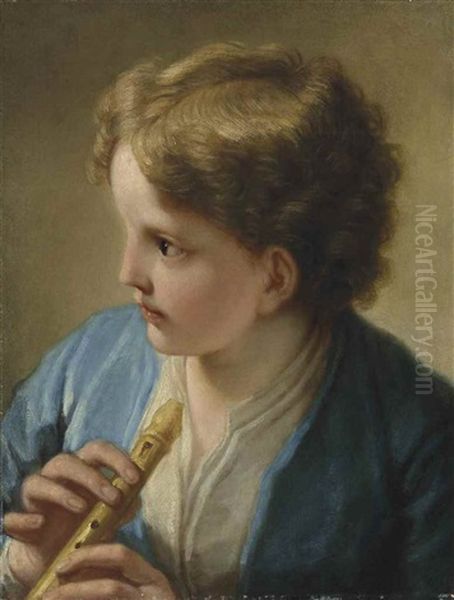 A Young Boy In A Blue Jacket Holding A Flute Oil Painting by Benedetto Luti