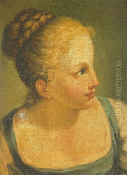 The Head Of A Young Girl With Braided Hair Wound Into A Bun Oil Painting by Benedetto Luti