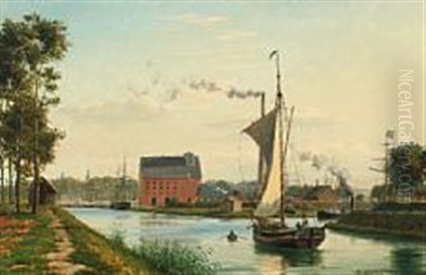 Canal Scape With Sailing Ships Oil Painting by Mathias Jakob Frederik Luetken