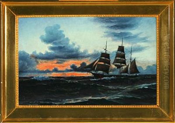 Three-masted Bark In Sunset Glow Oil Painting by Mathias Jakob Frederik Luetken