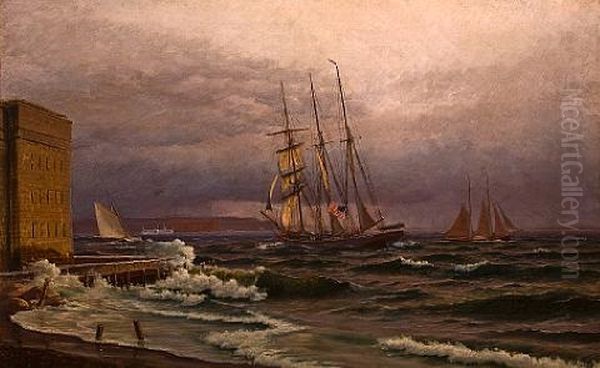 New York Harbor Oil Painting by Mathias Jakob Frederik Luetken