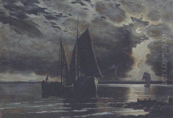 Marine Med Fuldmane Ud For Kobenhavns Havn Oil Painting by Mathias Jakob Frederik Luetken