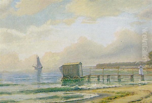 Kystparti Med Sejlskib, Badebro Og Kvinde Med Parasol Oil Painting by Mathias Jakob Frederik Luetken