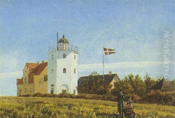 Tre Smapiger Med En Traekvogn Ved Fyrtarnet, Gjedser Oil Painting by Mathias Jakob Frederik Luetken