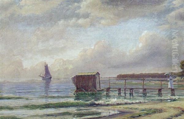 Ung Pige Med Parasol Pa En Badebro Oil Painting by Mathias Jakob Frederik Luetken