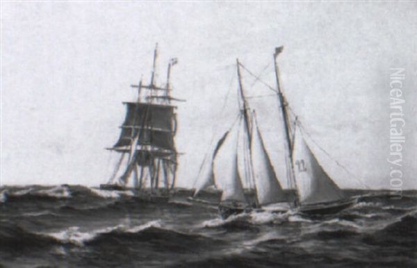 Marine Med Sejlskibe Oil Painting by Mathias Jakob Frederik Luetken