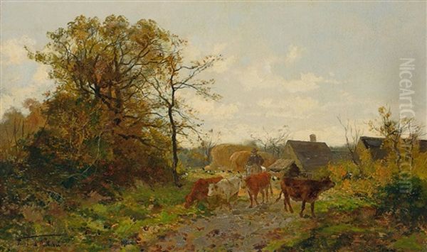 Reiter Mit Kuhen Auf Dem Feldweg Oil Painting by Fernand Lutscher