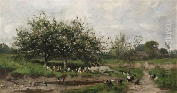 Federvieh Unter Obstbaumen In Sommerlicher Feld- Und Wiesenlandschaft Oil Painting by Fernand Lutscher