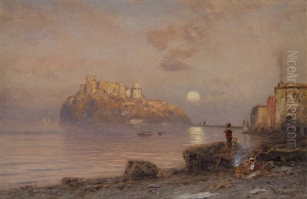 Evening At The Castello Aragonese Near Ischia Oil Painting by Ascan Lutteroth