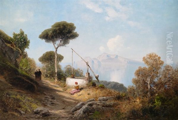 Italienische Landschaft Mit Brunnen Und Blick Auf Capri Oil Painting by Ascan Lutteroth