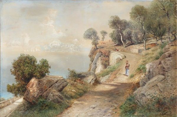 Rocky Coast With A Woman And Children On A Mountain Road Oil Painting by Ascan Lutteroth