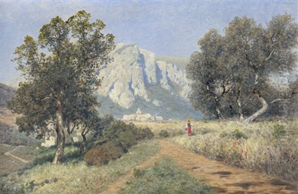 Wandernde Frau In Tracht, In Oberitalienischer Gebirgslandschaft, Ein Dorf Im Hintergrund Oil Painting by Ascan Lutteroth