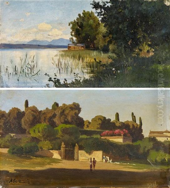 Am Chiemsee. (+  Italienischer Park, Oil On Paper; 2 Works) Oil Painting by Ascan Lutteroth