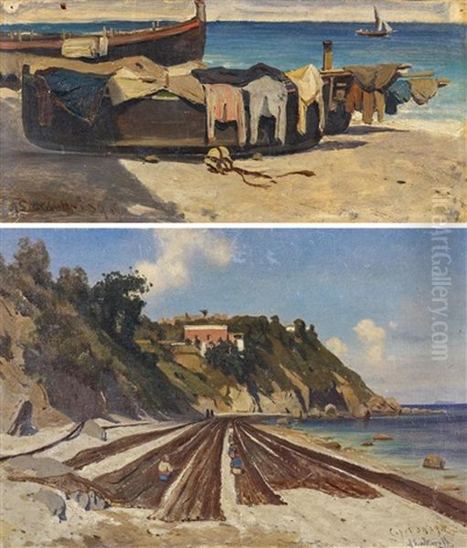 Fischerboot Am Strand Von Capri (+ Trocknende Fischernetze An Der Grosen Marina Von Capri, 1969, Oil On Canvas; Lrgr; 2 Works) Oil Painting by Ascan Lutteroth