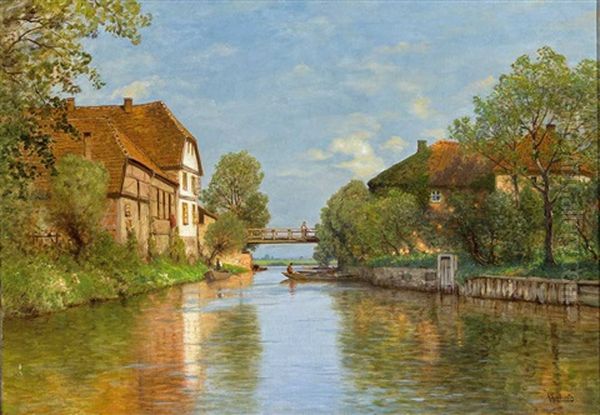 Kanalansicht Mit Alten Hausern Und Figurenstaffage Auf Holzerner Brucke An Einem Sommertag Oil Painting by Ascan Lutteroth