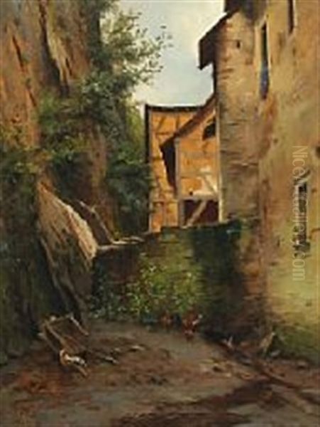 Landscape With Houses And Hens Oil Painting by Ascan Lutteroth