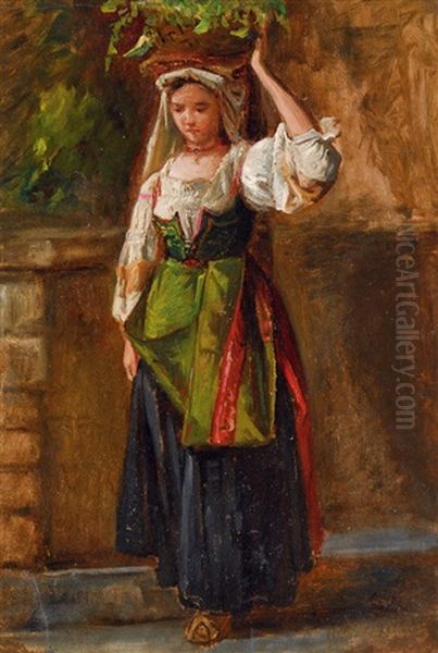 Italian Girl With A Basket On Her Head Oil Painting by Ascan Lutteroth