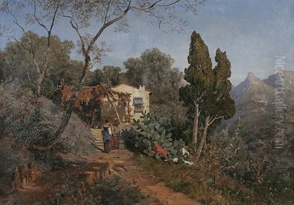 Italienische Gebirgslandschaft Mit Kleinem Bauernhaus Oil Painting by Ascan Lutteroth