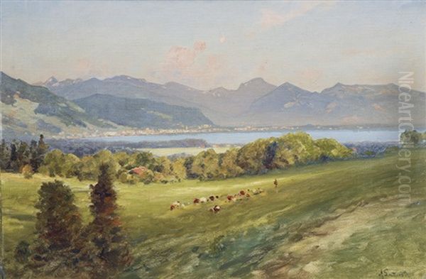 Lake Geneva With The City Of Montreux by Ascan Lutteroth