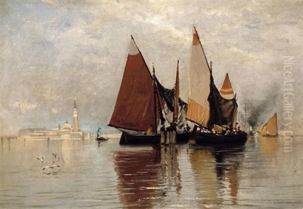 Venedig. Segelboote Und Dampfschiff In Der Lagune Der Stadt Oil Painting by Ascan Lutteroth