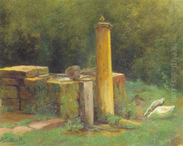 Garten Mit Brunnen Und Gansen Oil Painting by Ascan Lutteroth