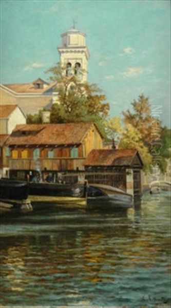 Partie Von Venedig. Im Vordergrund Zwei Bootsbauer Bei Der Arbeit Oil Painting by Emma Lutteroth