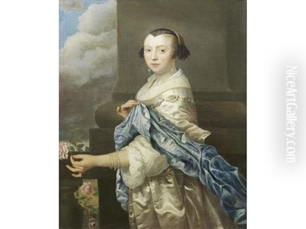 Portrait Of A Lady, Three-quarter-length, In A White Dress And Blue Shawl, With A Pearl Necklace, Holding A Rose Oil Painting by Isaac Luttichuys