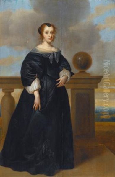 A Portrait Of A Woman, Full Length, In A Black Dress, Standing Next To A Balustrade Oil Painting by Isaac Luttichuys