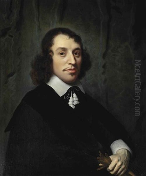 Portrait Of A Young Gentleman In A Black Costume With A White Collar And Cuffs, Holding A Glove Oil Painting by Isaac Luttichuys