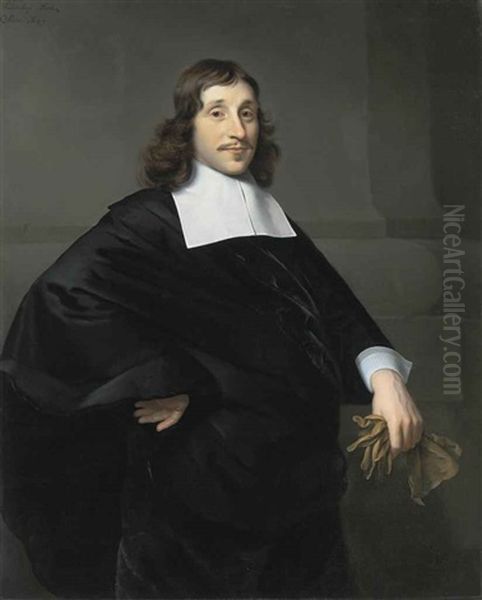 Portrait Of A Gentleman (dirk Van Collen, Lord Of Bredelar?), In A Black Coat With A White Collar And Cuffs, A Pair Of Gloves In His Left Hand Oil Painting by Isaac Luttichuys