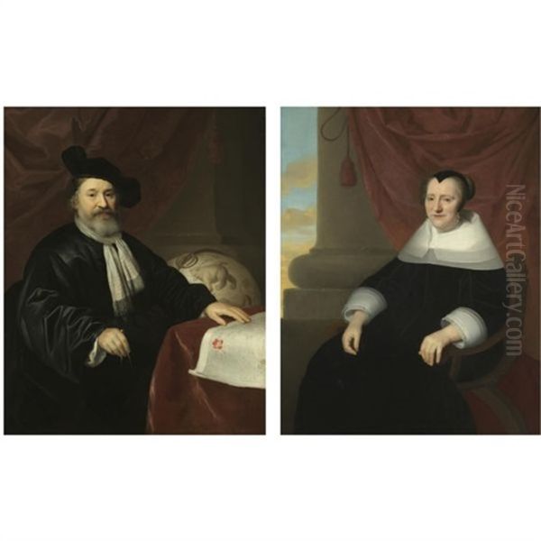 Portrait Of Andries Winius The Elder, Holding A Pair Of Dividers And With His Left Hand Resting On A Map Of Russia (+ Portrait Of His Wife; Pair) Oil Painting by Isaac Luttichuys