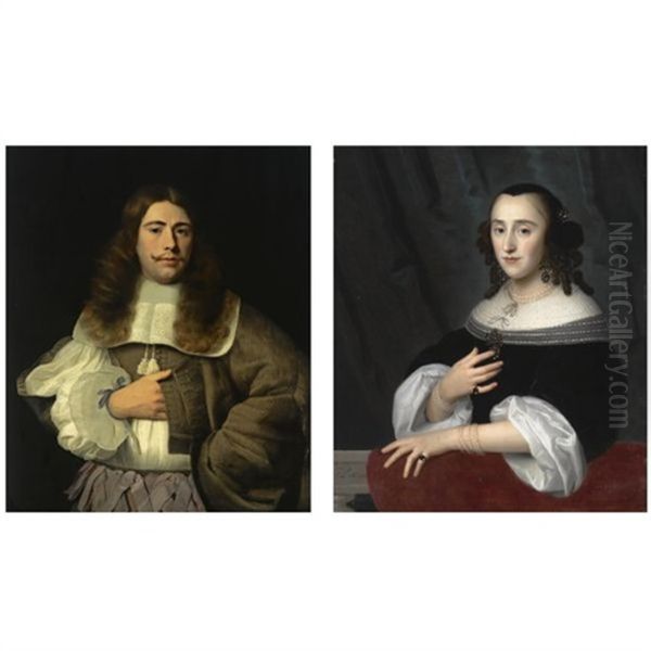 A Portrait Of Andries Rijckaert, Wearing A Brown Coat With A White Lace Collar And Purple Ribbons ( + A Portrait Of His Sister Susanna Rijckaert, Wearing A Black Dress With A White Lace Collar And Whi Oil Painting by Isaac Luttichuys