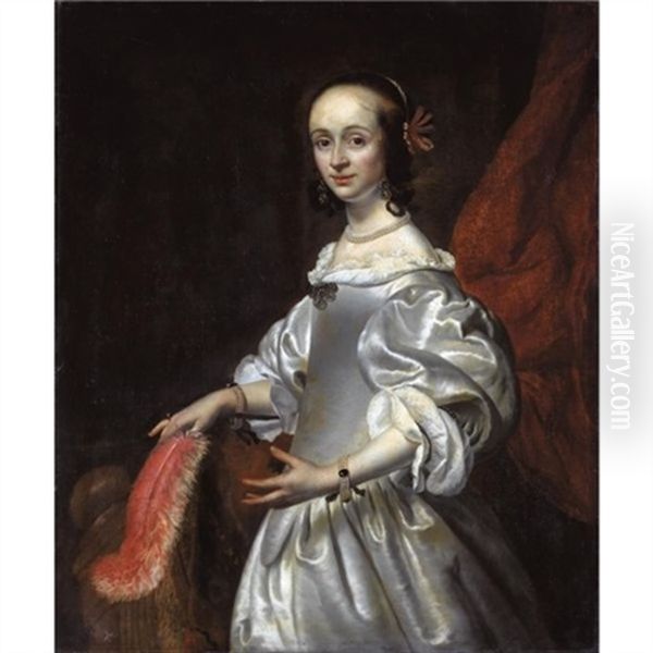 Portrait Of A Young Lady, Half Length, Wearing A White Silk Dress And Holding A Feather Oil Painting by Isaac Luttichuys