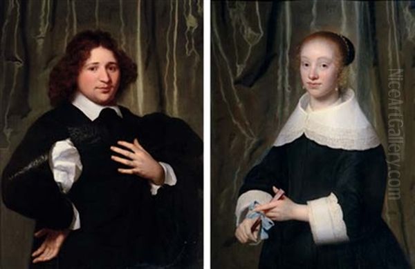 Portrait Of Jan Hendrik Lestevenon In A Black Coat (+ Portrait Of Esther De Bary Holding A Fan; Pair) Oil Painting by Isaac Luttichuys