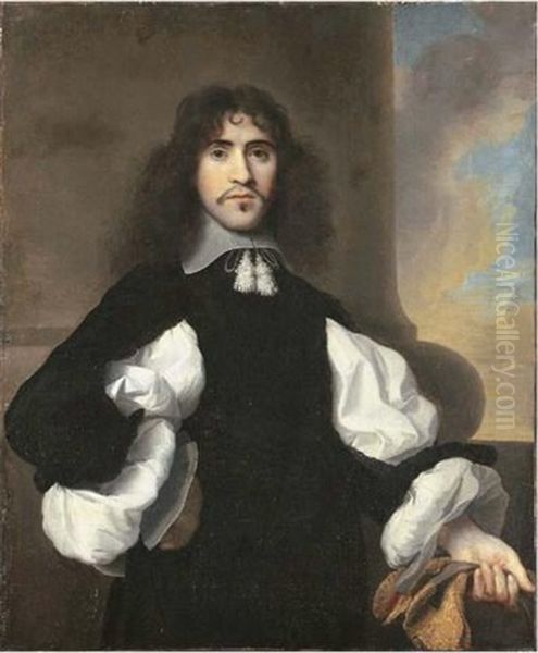 Portrait Of A Gentleman In A Black Suit, His Gloves In His Left Hand, Before A Balustrade Oil Painting by Isaac Luttichuys