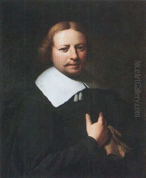 Portrait Of A Gentleman Wearing Black, Holding A Pair Of Gloves Oil Painting by Isaac Luttichuys