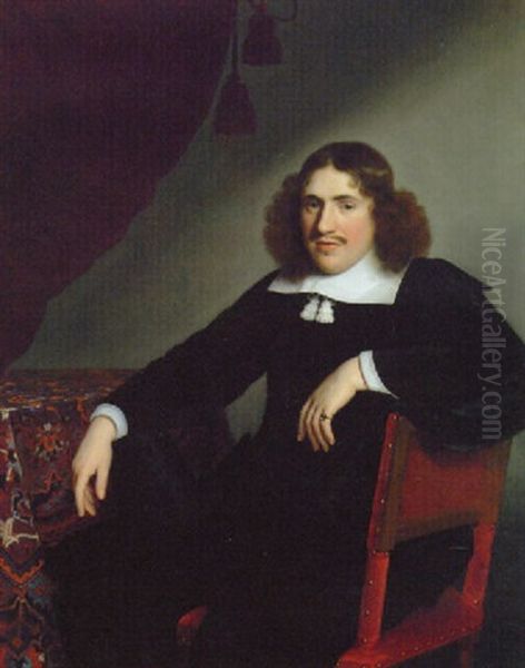 Portrait Of A Gentleman, In A Black Costume And A Lawn Collar, Seated At A Draped Table Before A Curtain Oil Painting by Isaac Luttichuys