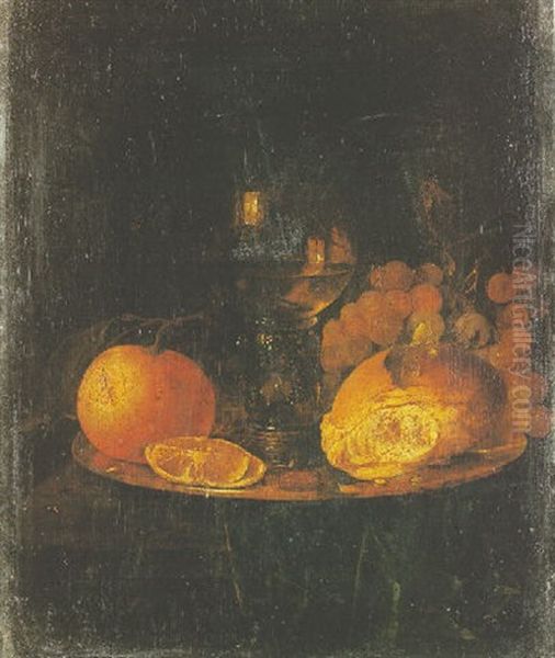 Nature Morte Au Verre Rohmer, Orange, Raisins Et Miche De Pain Sur Un Entablement Oil Painting by Isaac Luttichuys