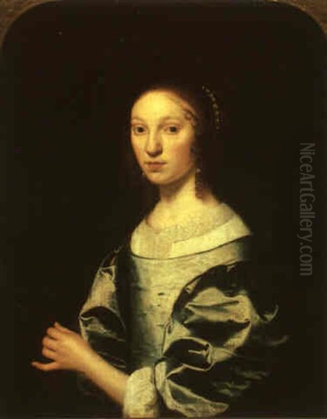 Portrait Of A Woman In A Blue Dress Oil Painting by Isaac Luttichuys