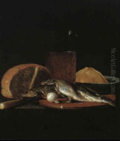 Nature Morte Au Verre De Biere Et A La Miche De Pain Oil Painting by Isaac Luttichuys