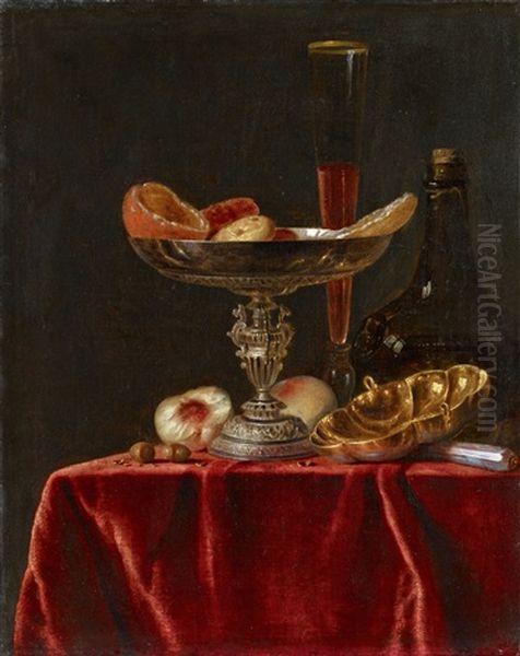 Still Life With A Silver Bowl, Fruits, A Glass And A Bottle On A Red Cloth Oil Painting by Simon Luttichuys